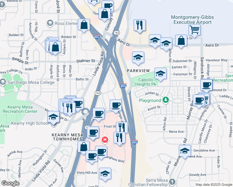 map of restaurants, bars, coffee shops, grocery stores, and more near 39 Berger Avenue in San Diego