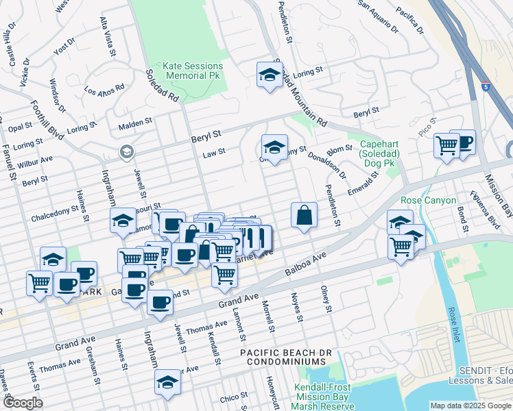 map of restaurants, bars, coffee shops, grocery stores, and more near 2004 Emerald Street in San Diego