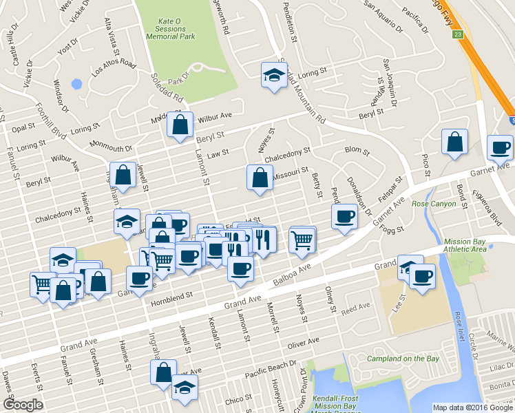 map of restaurants, bars, coffee shops, grocery stores, and more near 2004 Emerald Street in San Diego