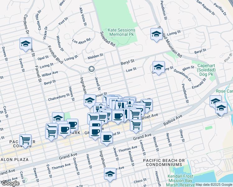 map of restaurants, bars, coffee shops, grocery stores, and more near 1760 Diamond Street in San Diego