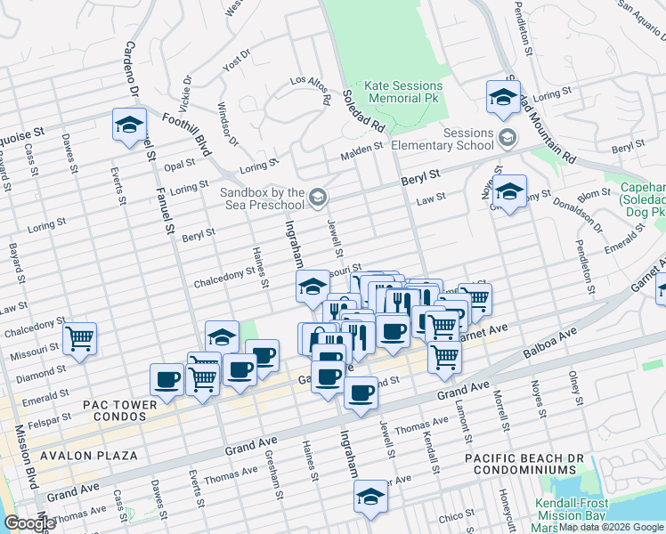 map of restaurants, bars, coffee shops, grocery stores, and more near 4730 Jewell Street in San Diego