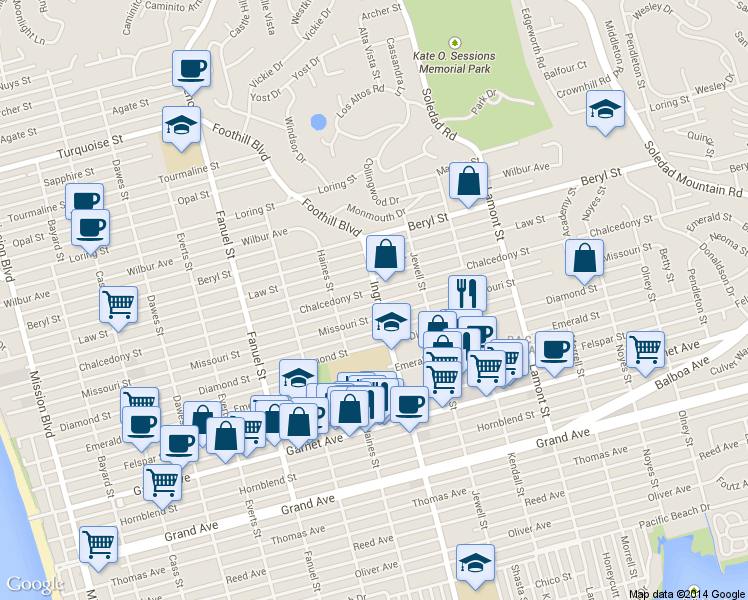 map of restaurants, bars, coffee shops, grocery stores, and more near 1536 Missouri Street in San Diego