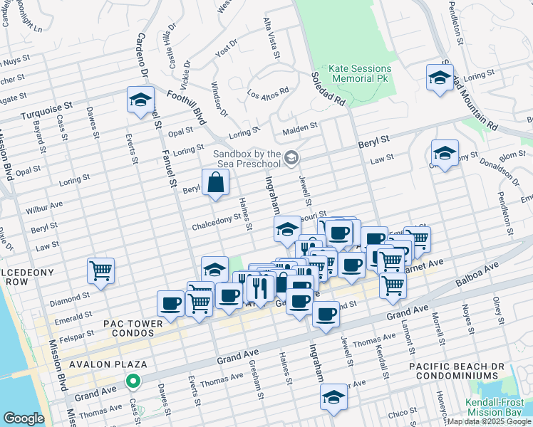 map of restaurants, bars, coffee shops, grocery stores, and more near 1536 Missouri Street in San Diego