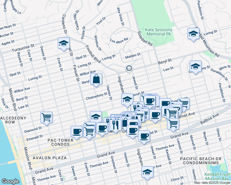 map of restaurants, bars, coffee shops, grocery stores, and more near 1536 Missouri Street in San Diego