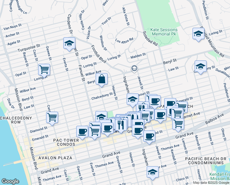 map of restaurants, bars, coffee shops, grocery stores, and more near 1463 Chalcedony Street in San Diego