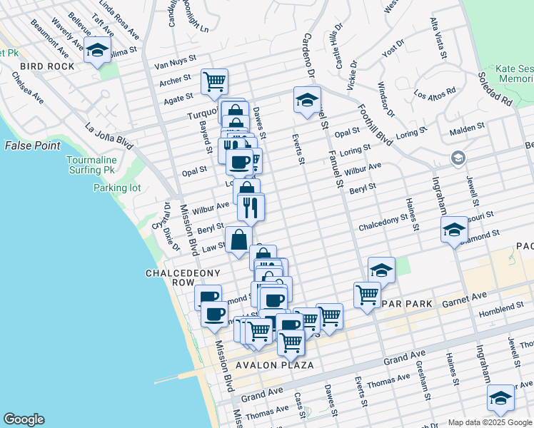 map of restaurants, bars, coffee shops, grocery stores, and more near in San Diego