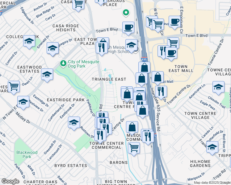 map of restaurants, bars, coffee shops, grocery stores, and more near 2920 Gus Thomasson Road in Mesquite