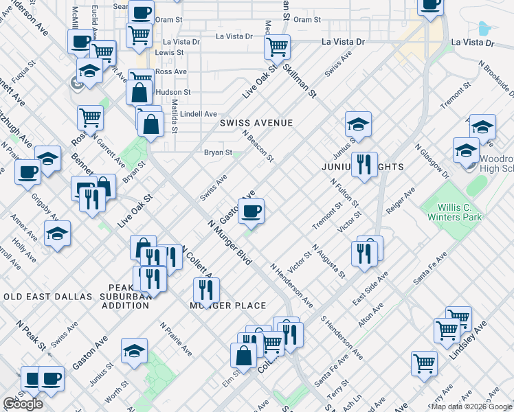 map of restaurants, bars, coffee shops, grocery stores, and more near 710 Dumas Street in Dallas