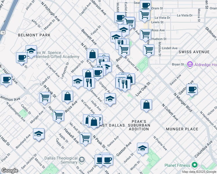 map of restaurants, bars, coffee shops, grocery stores, and more near 4710 Virginia Avenue in Dallas