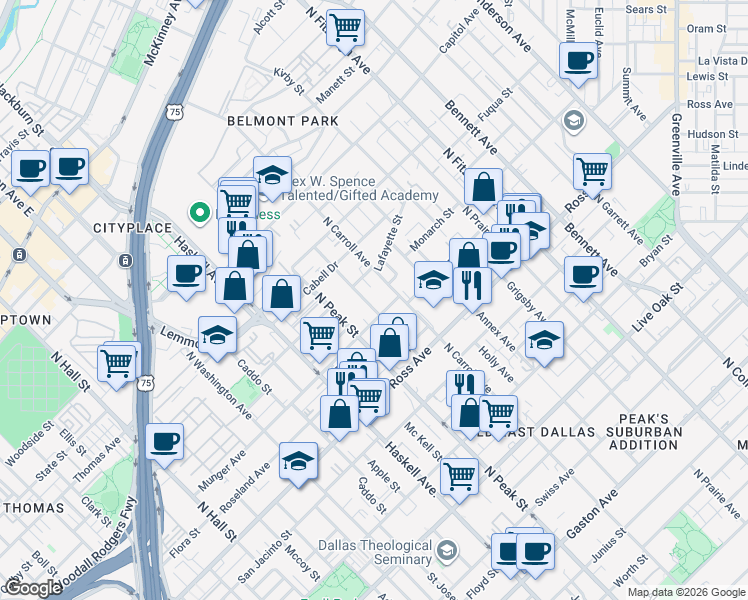 map of restaurants, bars, coffee shops, grocery stores, and more near 4326 Munger Avenue in Dallas