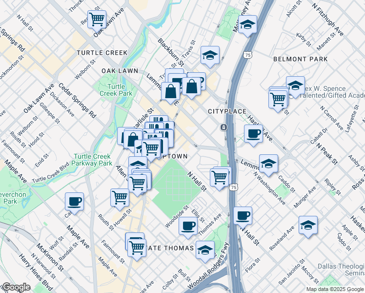 map of restaurants, bars, coffee shops, grocery stores, and more near in Dallas