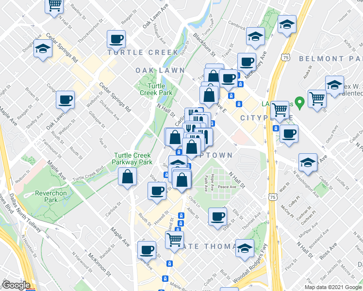 map of restaurants, bars, coffee shops, grocery stores, and more near in Dallas