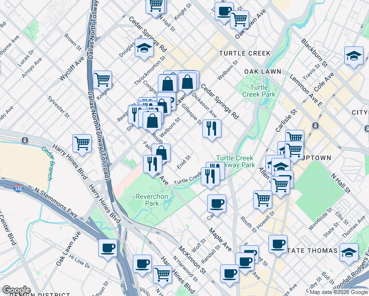 map of restaurants, bars, coffee shops, grocery stores, and more near 3508 Routh Street in Dallas