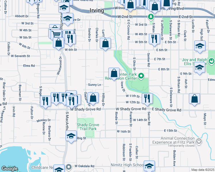 map of restaurants, bars, coffee shops, grocery stores, and more near 525 La Reunion Court in Irving
