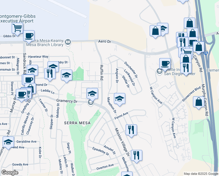 map of restaurants, bars, coffee shops, grocery stores, and more near 3412 Marathon Drive in San Diego