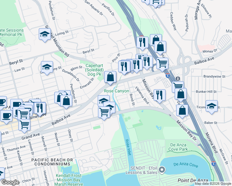 map of restaurants, bars, coffee shops, grocery stores, and more near 2603 Figueroa Boulevard in San Diego