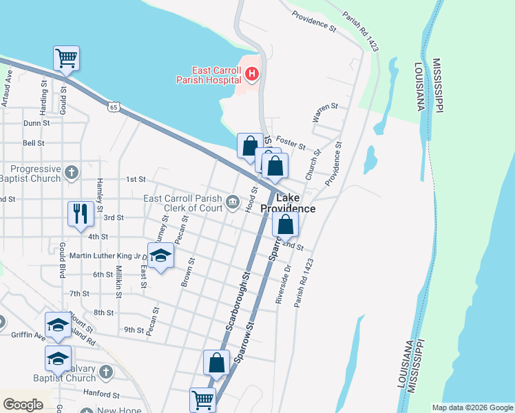 map of restaurants, bars, coffee shops, grocery stores, and more near Scarborough St in Lake Providence