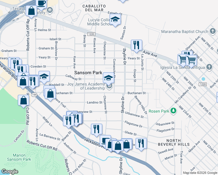 map of restaurants, bars, coffee shops, grocery stores, and more near 5300 Buchanan Street in Fort Worth