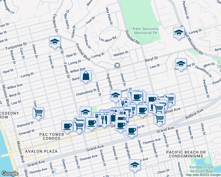 map of restaurants, bars, coffee shops, grocery stores, and more near 1536 Missouri Street in San Diego