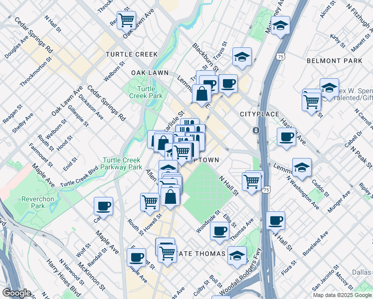 map of restaurants, bars, coffee shops, grocery stores, and more near 3227 McKinney Avenue in Dallas