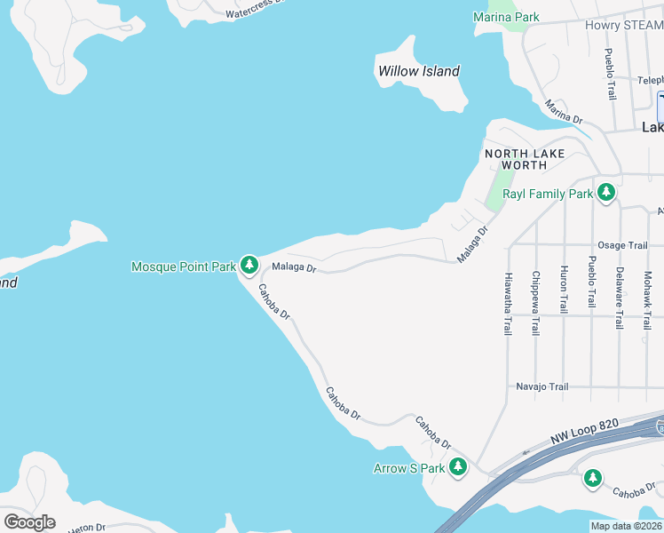 map of restaurants, bars, coffee shops, grocery stores, and more near 8148 Malaga Drive in Fort Worth