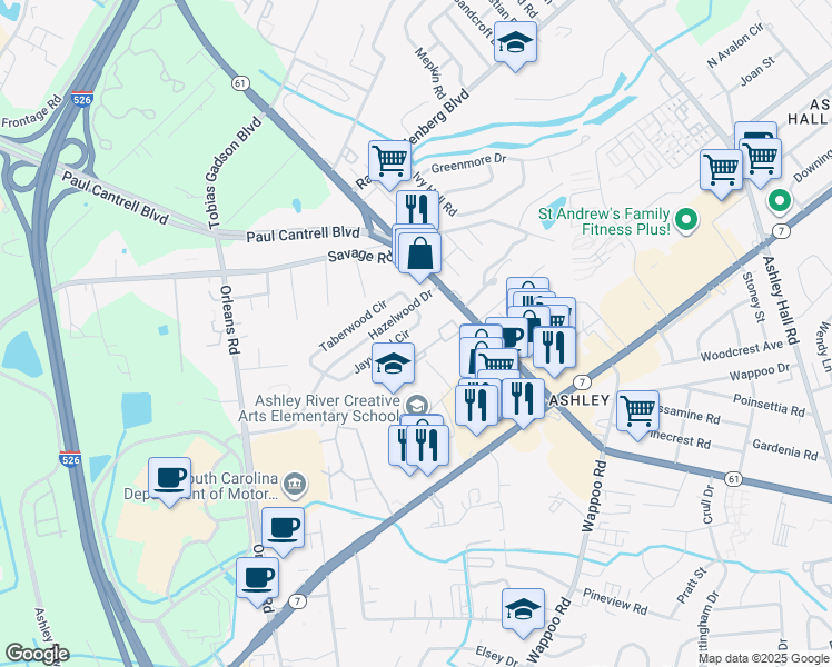 map of restaurants, bars, coffee shops, grocery stores, and more near 1871 Ashley River Road in Charleston