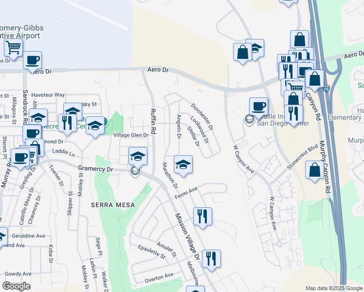 map of restaurants, bars, coffee shops, grocery stores, and more near 3425 Angwin Drive in San Diego