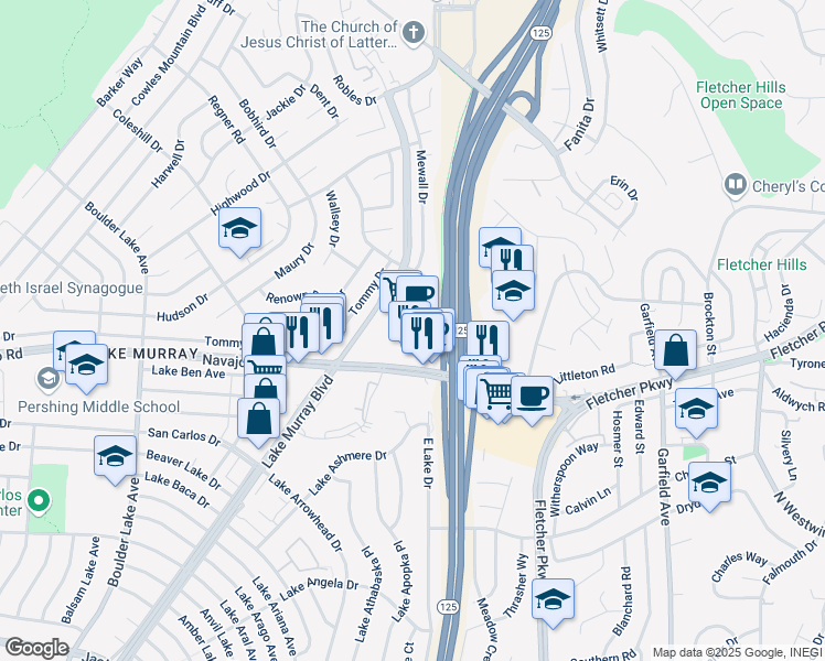 map of restaurants, bars, coffee shops, grocery stores, and more near 8856 Navajo Road in San Diego