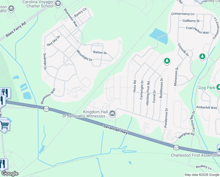 map of restaurants, bars, coffee shops, grocery stores, and more near 1000 Bonieta Harrold Drive in Charleston