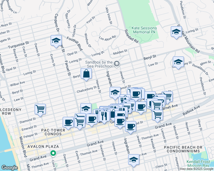 map of restaurants, bars, coffee shops, grocery stores, and more near 1536 Missouri Street in San Diego