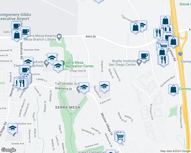 map of restaurants, bars, coffee shops, grocery stores, and more near 3412 Marathon Drive in San Diego