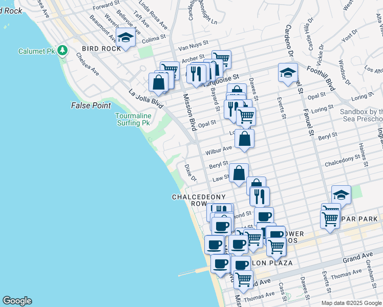 map of restaurants, bars, coffee shops, grocery stores, and more near 720 Wilbur Avenue in San Diego