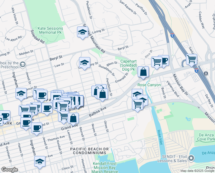 map of restaurants, bars, coffee shops, grocery stores, and more near 2275 Emerald Street in San Diego