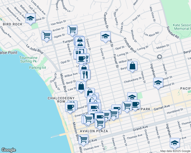 map of restaurants, bars, coffee shops, grocery stores, and more near 1069 Beryl Street in San Diego