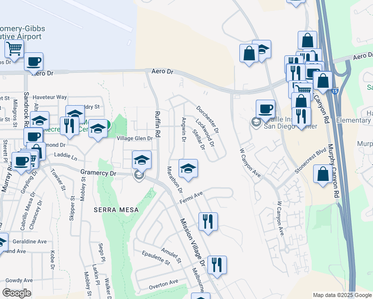 map of restaurants, bars, coffee shops, grocery stores, and more near 3425 Angwin Drive in San Diego