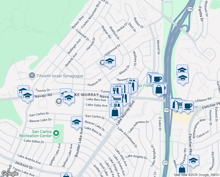 map of restaurants, bars, coffee shops, grocery stores, and more near 6636 Bisby Lake Avenue in San Diego