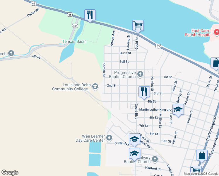 map of restaurants, bars, coffee shops, grocery stores, and more near 1300-1304 3rd Street in Lake Providence