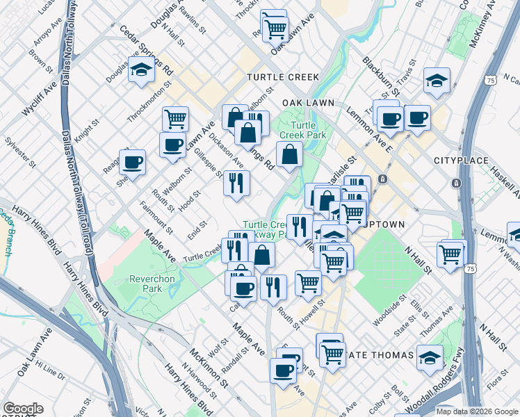 map of restaurants, bars, coffee shops, grocery stores, and more near 2911 Turtle Creek Boulevard in Dallas