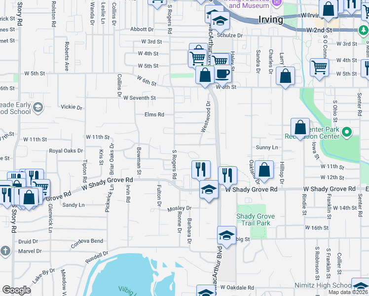 map of restaurants, bars, coffee shops, grocery stores, and more near 1100 South Rogers Road in Irving