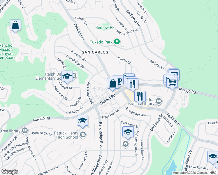 map of restaurants, bars, coffee shops, grocery stores, and more near 6878 Navajo Road in San Diego