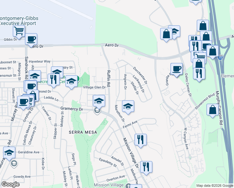 map of restaurants, bars, coffee shops, grocery stores, and more near 3412 Marathon Drive in San Diego