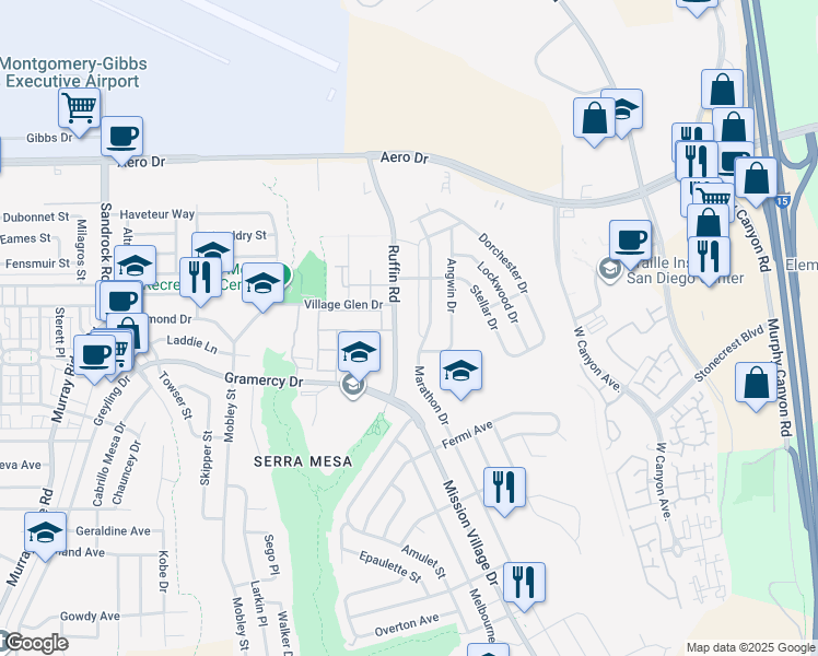 map of restaurants, bars, coffee shops, grocery stores, and more near 9352 Angwin Place in San Diego