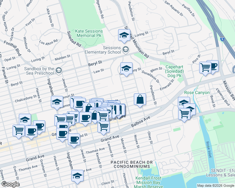 map of restaurants, bars, coffee shops, grocery stores, and more near 2004 Emerald Street in San Diego