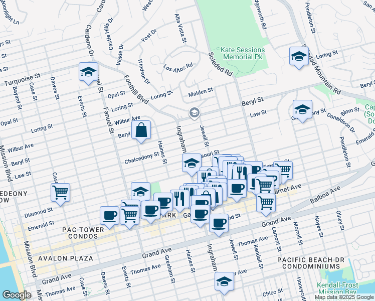 map of restaurants, bars, coffee shops, grocery stores, and more near 1623 Missouri Street in San Diego