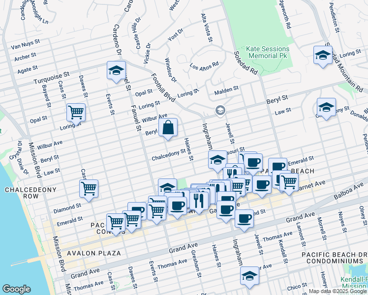 map of restaurants, bars, coffee shops, grocery stores, and more near 1463 Chalcedony Street in San Diego