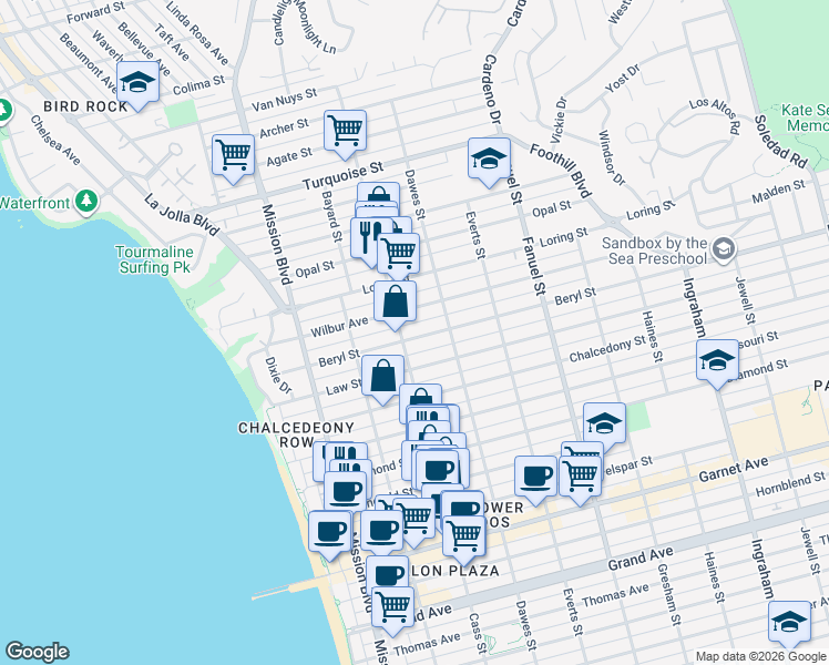 map of restaurants, bars, coffee shops, grocery stores, and more near in San Diego