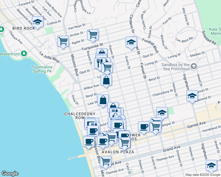 map of restaurants, bars, coffee shops, grocery stores, and more near in San Diego