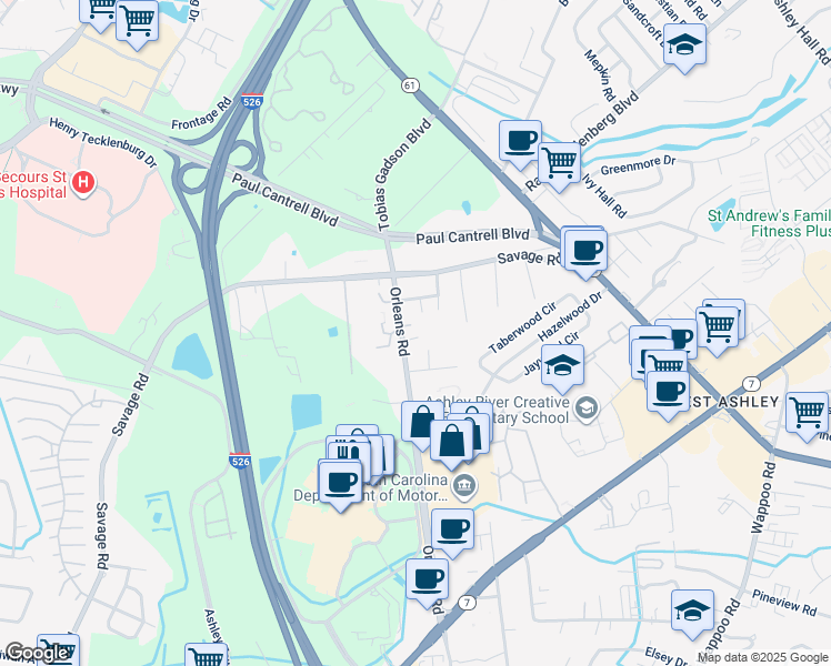 map of restaurants, bars, coffee shops, grocery stores, and more near 1357 Orleans Road in Charleston