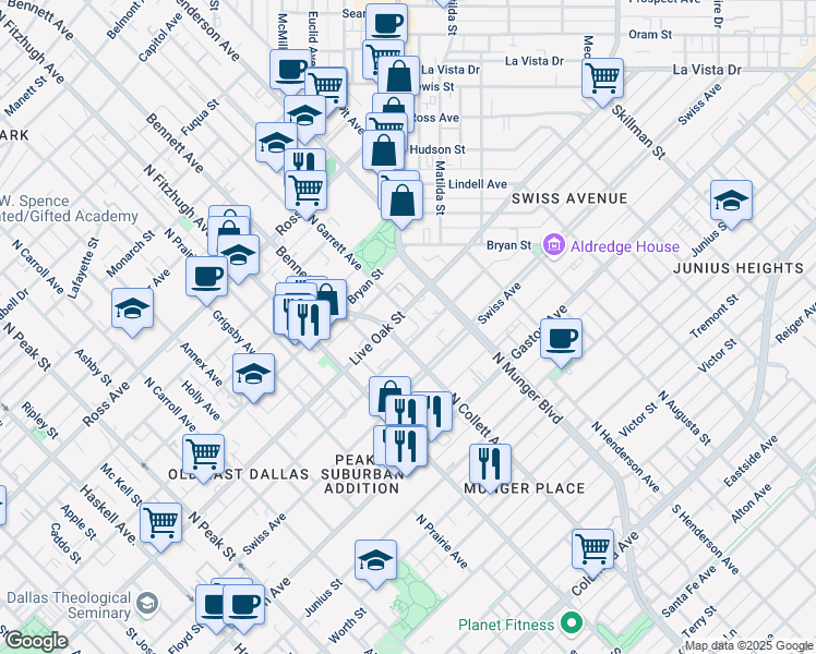 map of restaurants, bars, coffee shops, grocery stores, and more near 5007 Sycamore Street in Dallas