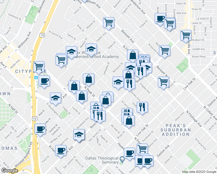 map of restaurants, bars, coffee shops, grocery stores, and more near 4415 Roseland Avenue in Dallas